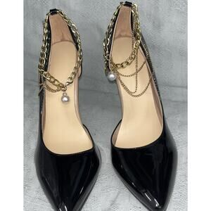 Women's Black Patent Leather Stilettos W/ Gold Ankle Bracelet Pointed Toe 11.5